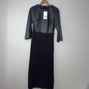 Zara M Maxi Dress Black Faux Leather Pleated No Belt Dark Romantic Grunge NWT